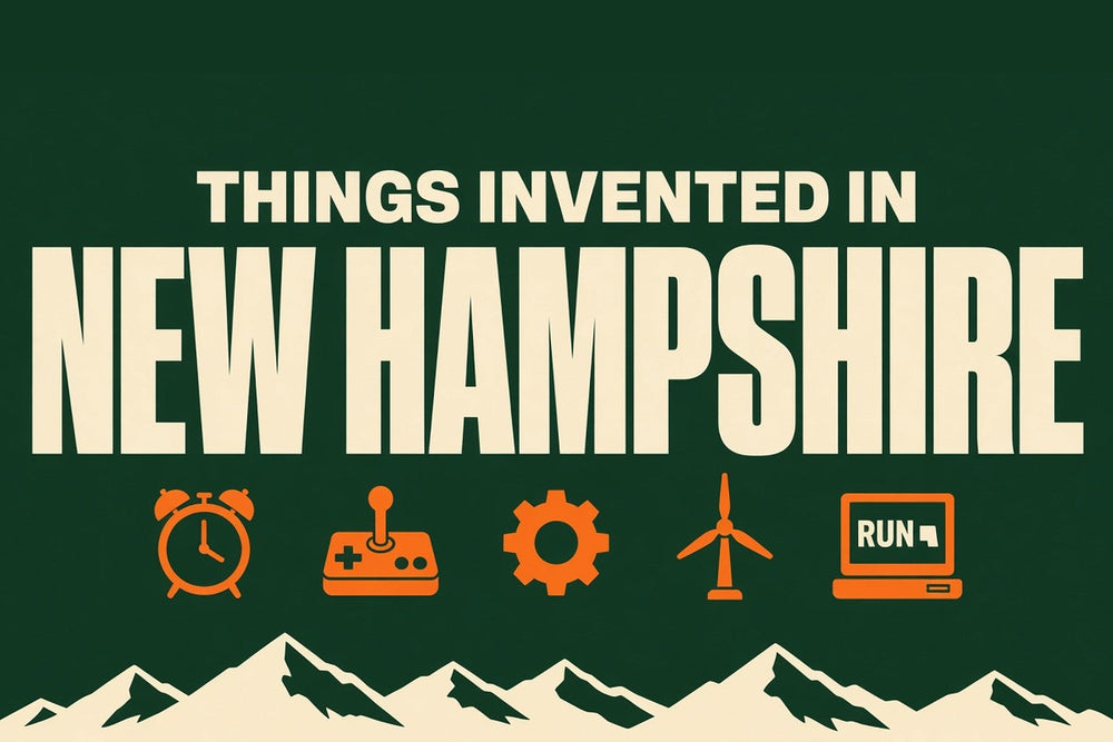 Bold minimal pine green and cream graphic reading "Things Invented in New Hampshire" with orange icons of an alarm clock, joystick, gear, wind turbine and computer terminal above the White Mountains