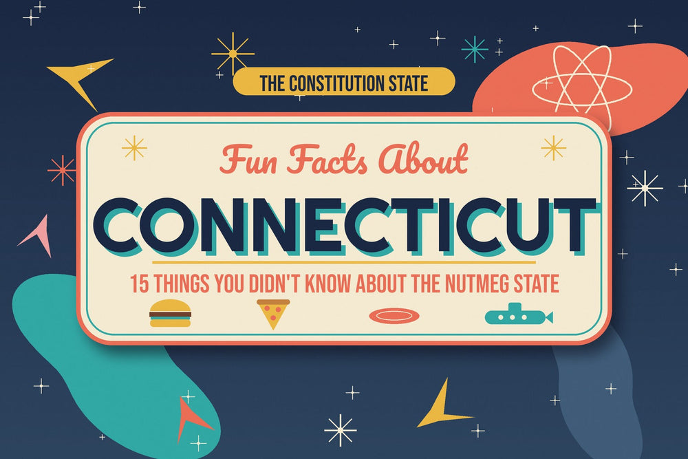 Retro 1950s atomic-age poster with starbursts and boomerangs, burger, pizza, Frisbee and submarine icons, titled Fun Facts About Connecticut