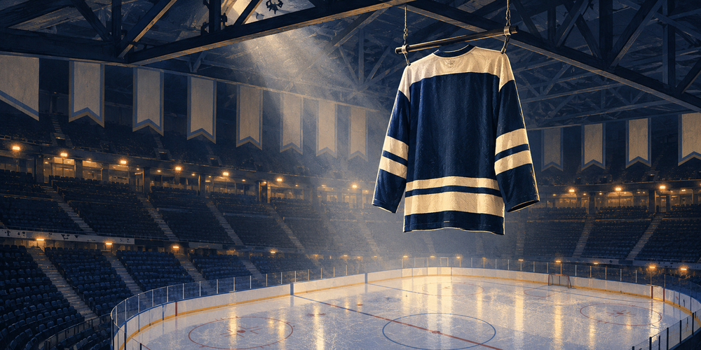 Original illustration of an unbranded hockey jersey suspended above an ice rink