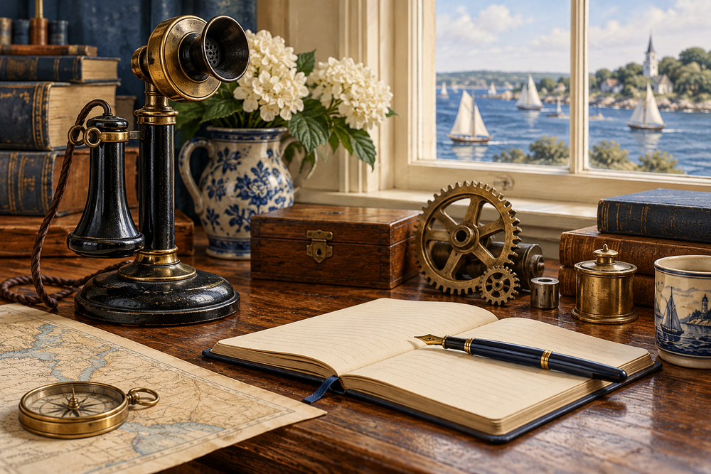 Illustrated still life of historic inventions on a New England desk