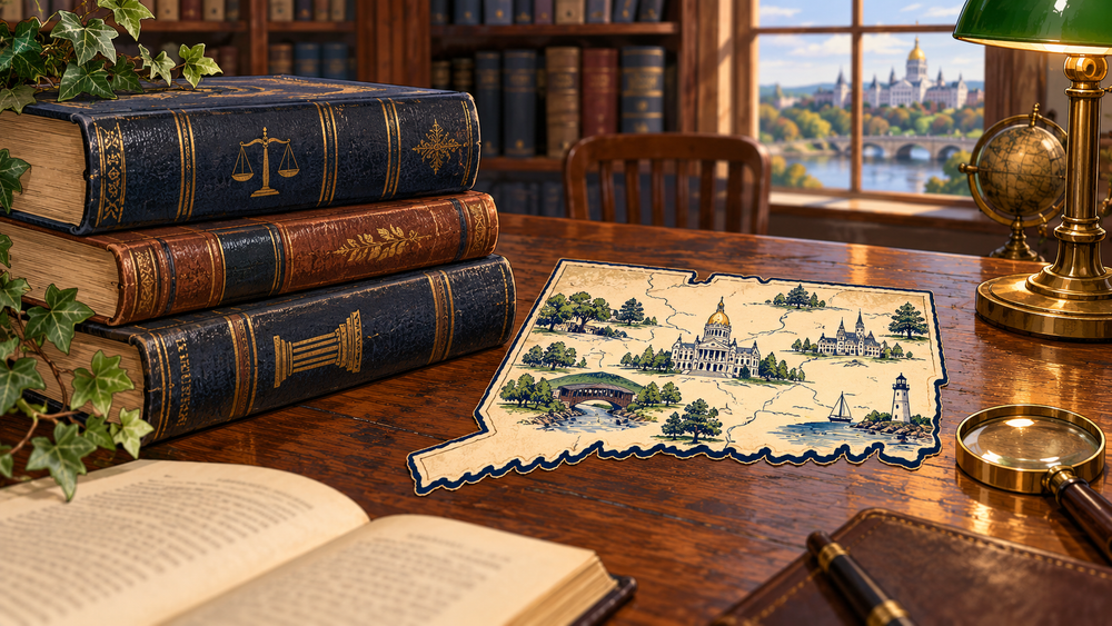 Illustrated Connecticut law books and map