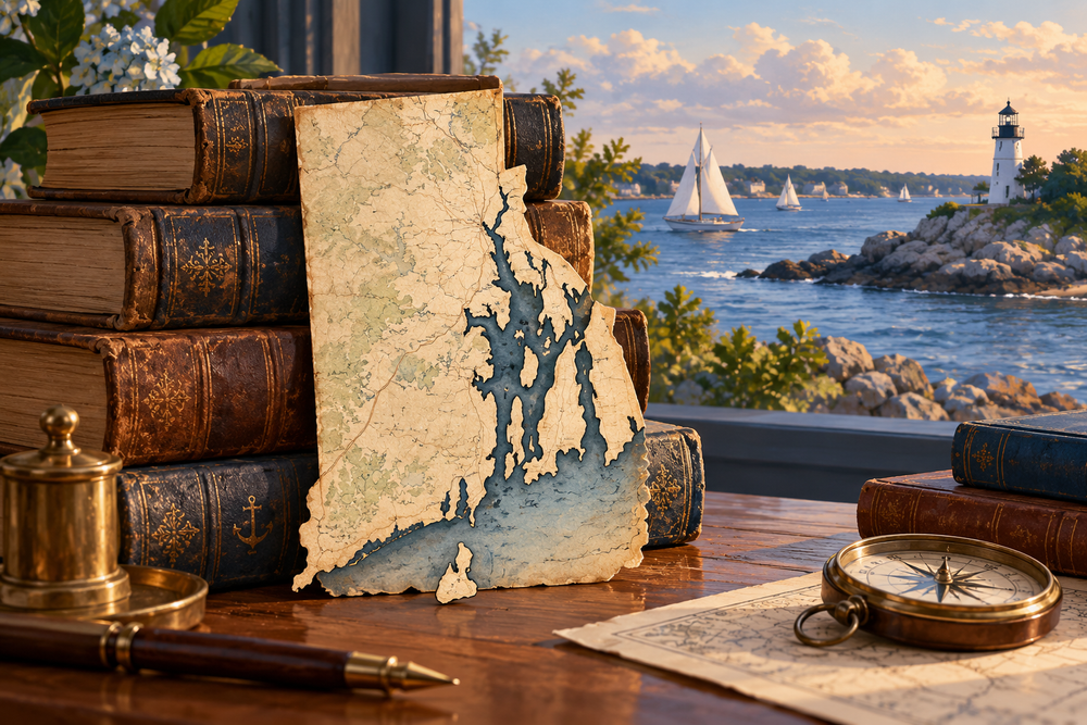 Illustrated Rhode Island law books and map