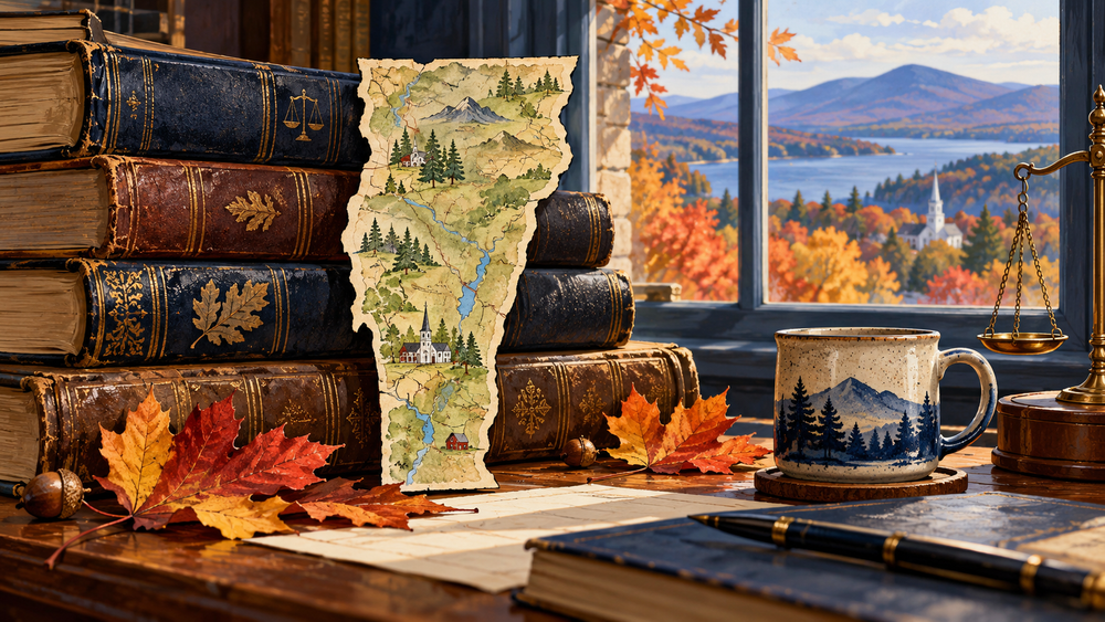 Illustrated Vermont law books and map