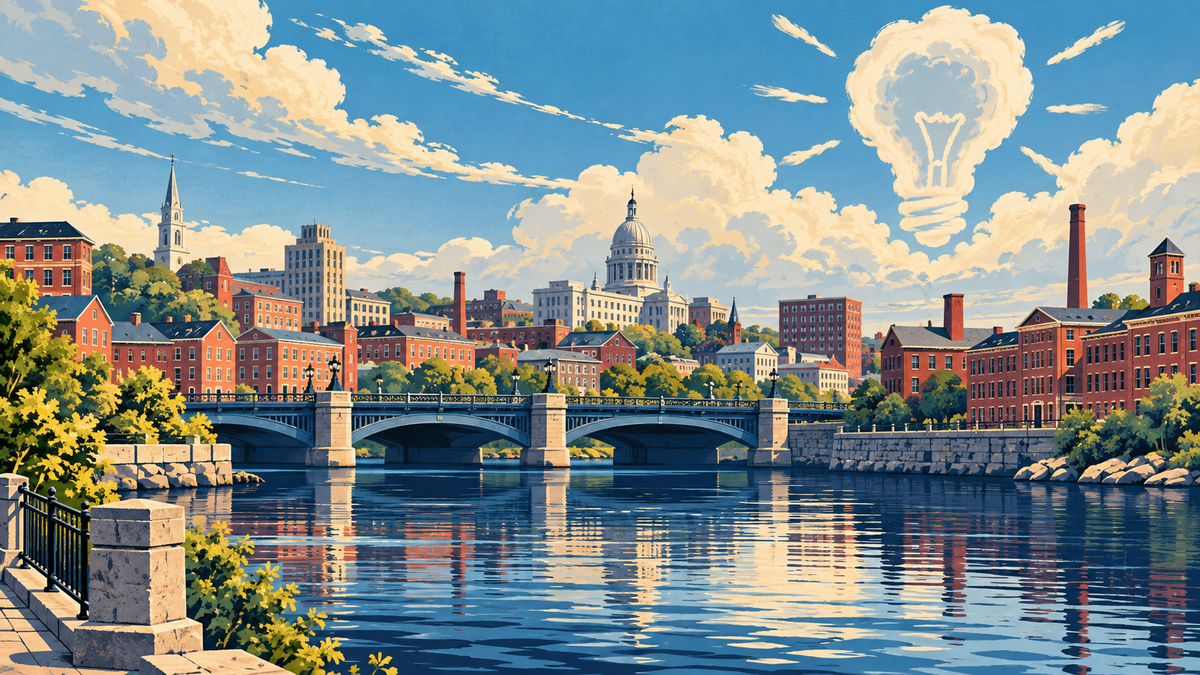 Illustrated Rhode Island coastal scene and local inventions