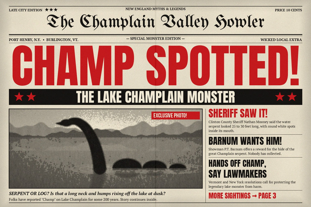 Vintage tabloid front page with the headline "CHAMP SPOTTED! The Lake Champlain Monster" and a grainy photo of a long-necked serpent on Lake Champlain
