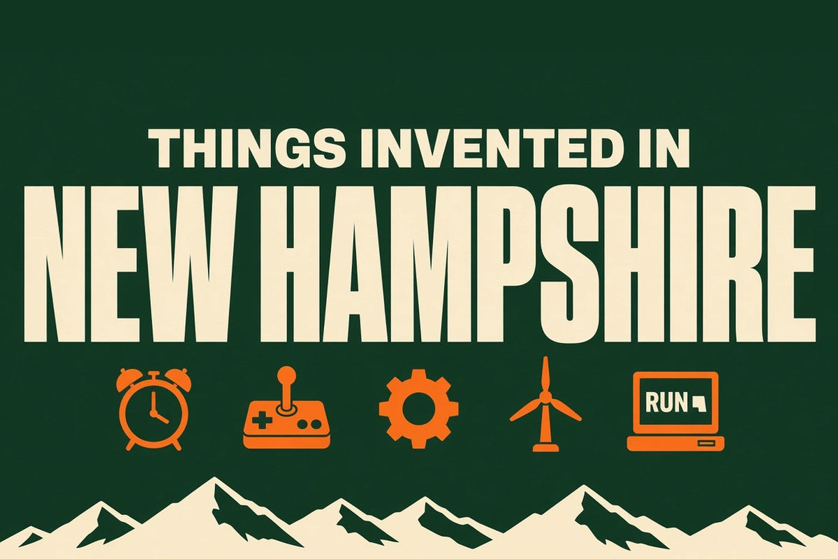 Bold minimal pine green and cream graphic reading "Things Invented in New Hampshire" with orange icons of an alarm clock, joystick, gear, wind turbine and computer terminal above the White Mountains