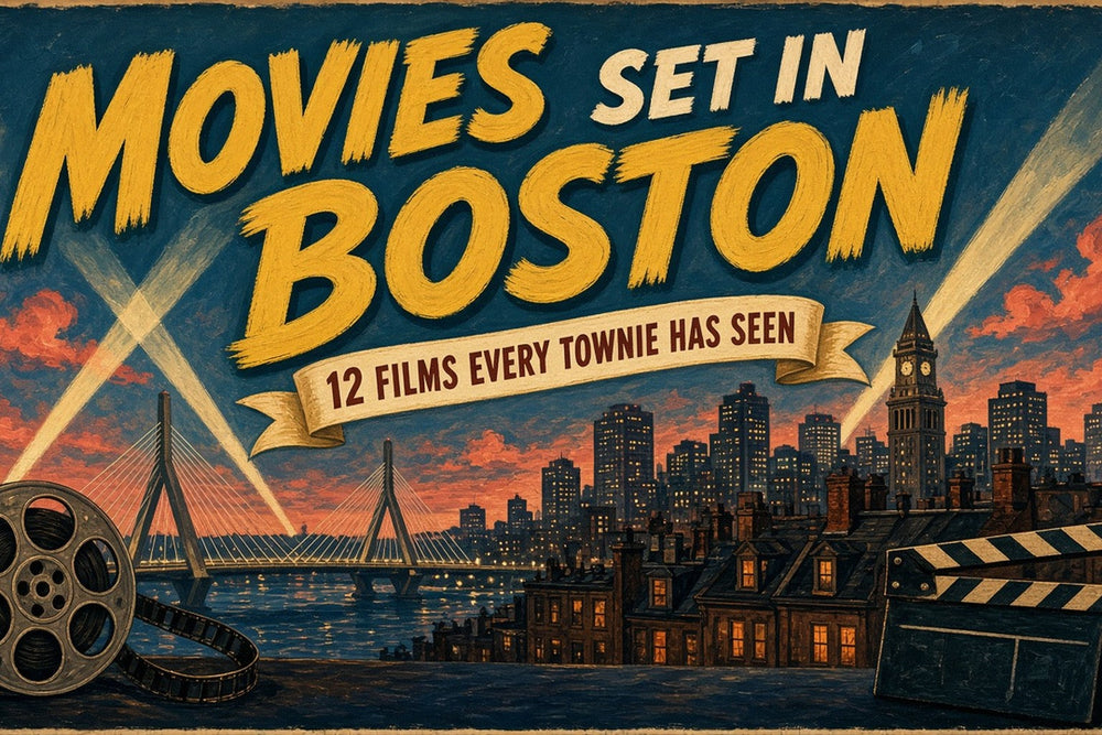 Vintage hand-painted movie poster reading "Movies Set in Boston, 12 Films Every Townie Has Seen" over the Boston skyline and Zakim Bridge at dusk, with a film reel and clapperboard