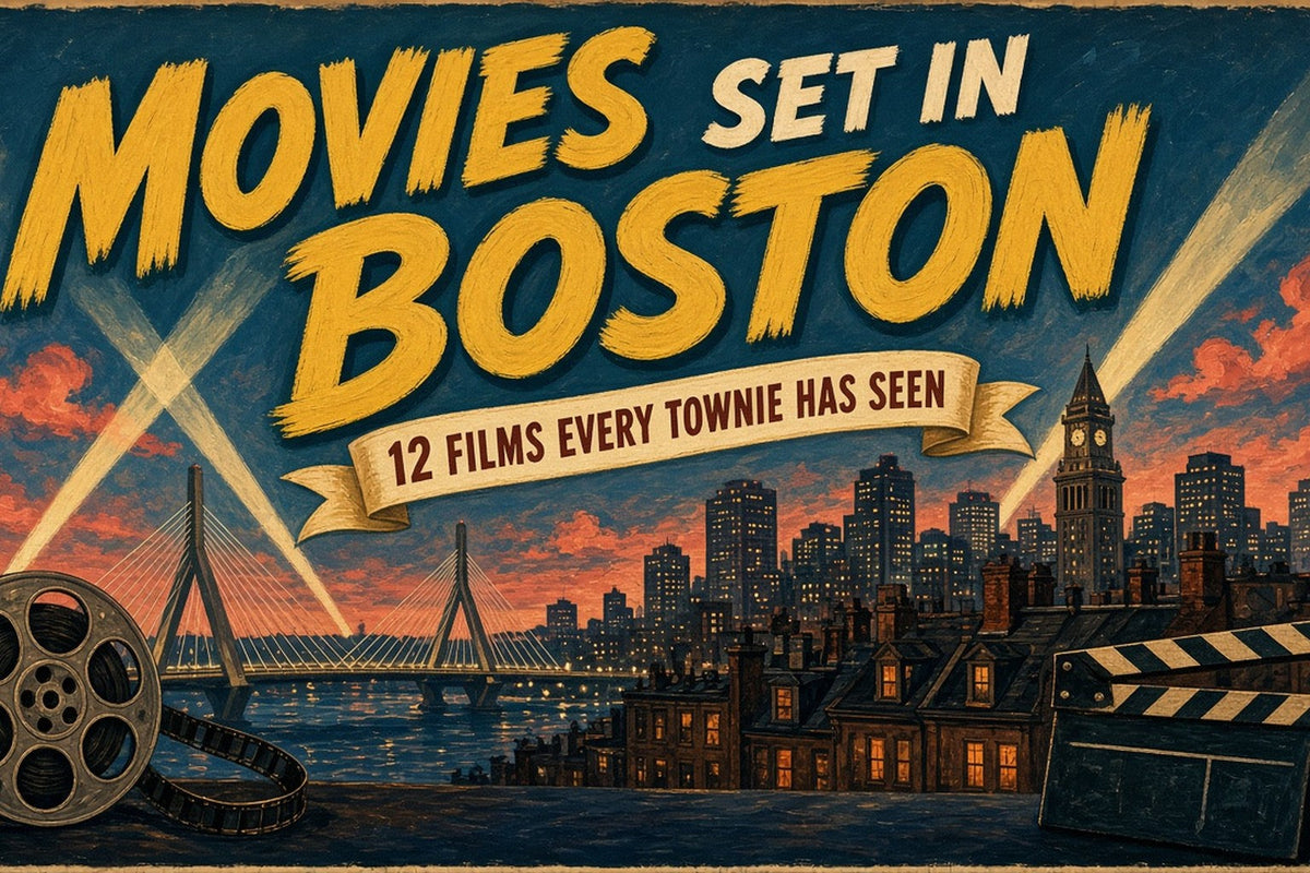 Vintage hand-painted movie poster reading "Movies Set in Boston, 12 Films Every Townie Has Seen" over the Boston skyline and Zakim Bridge at dusk, with a film reel and clapperboard