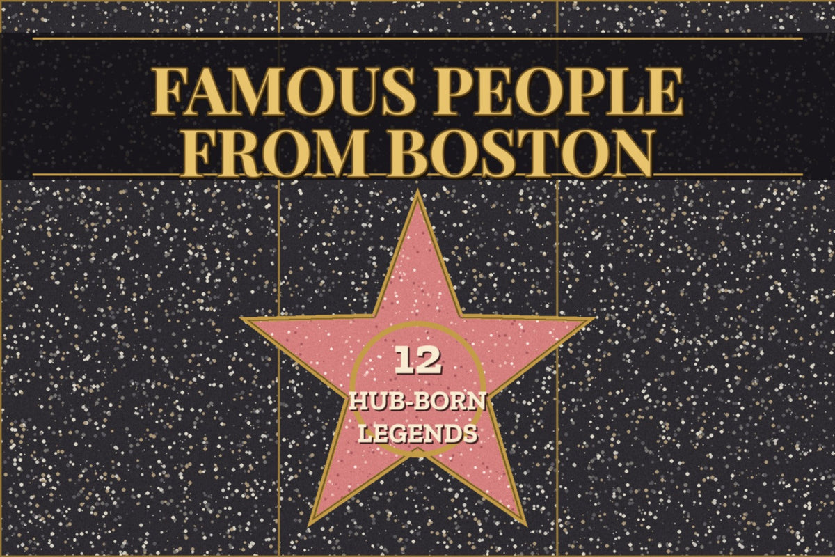 Walk of Fame style pink terrazzo star on a speckled sidewalk with gold title text reading Famous People From Boston, 12 Hub-Born Legends