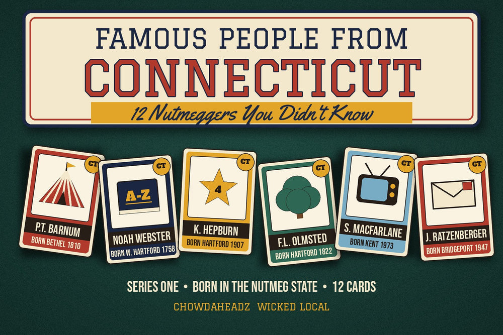 Vintage baseball trading card style header reading Famous People From Connecticut, 12 Nutmeggers You Didn't Know, with six illustrated cards on green felt