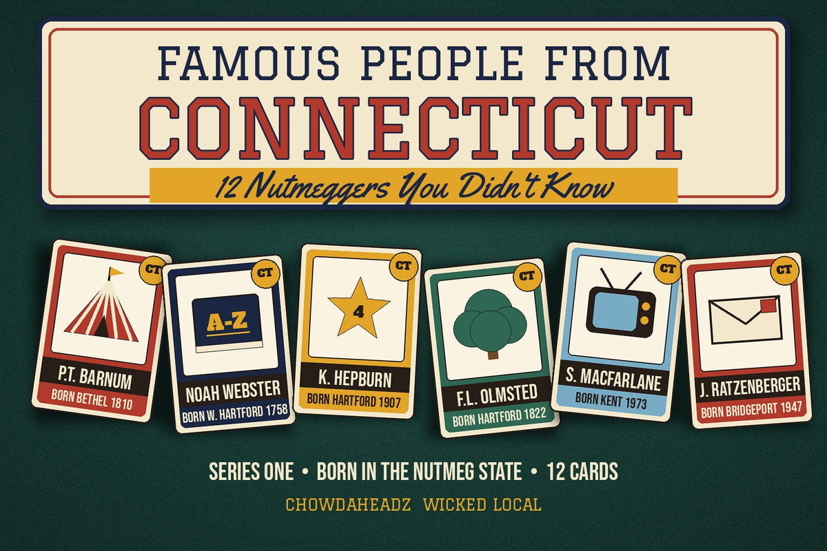 Vintage baseball trading card style header reading Famous People From Connecticut, 12 Nutmeggers You Didn't Know, with six illustrated cards on green felt