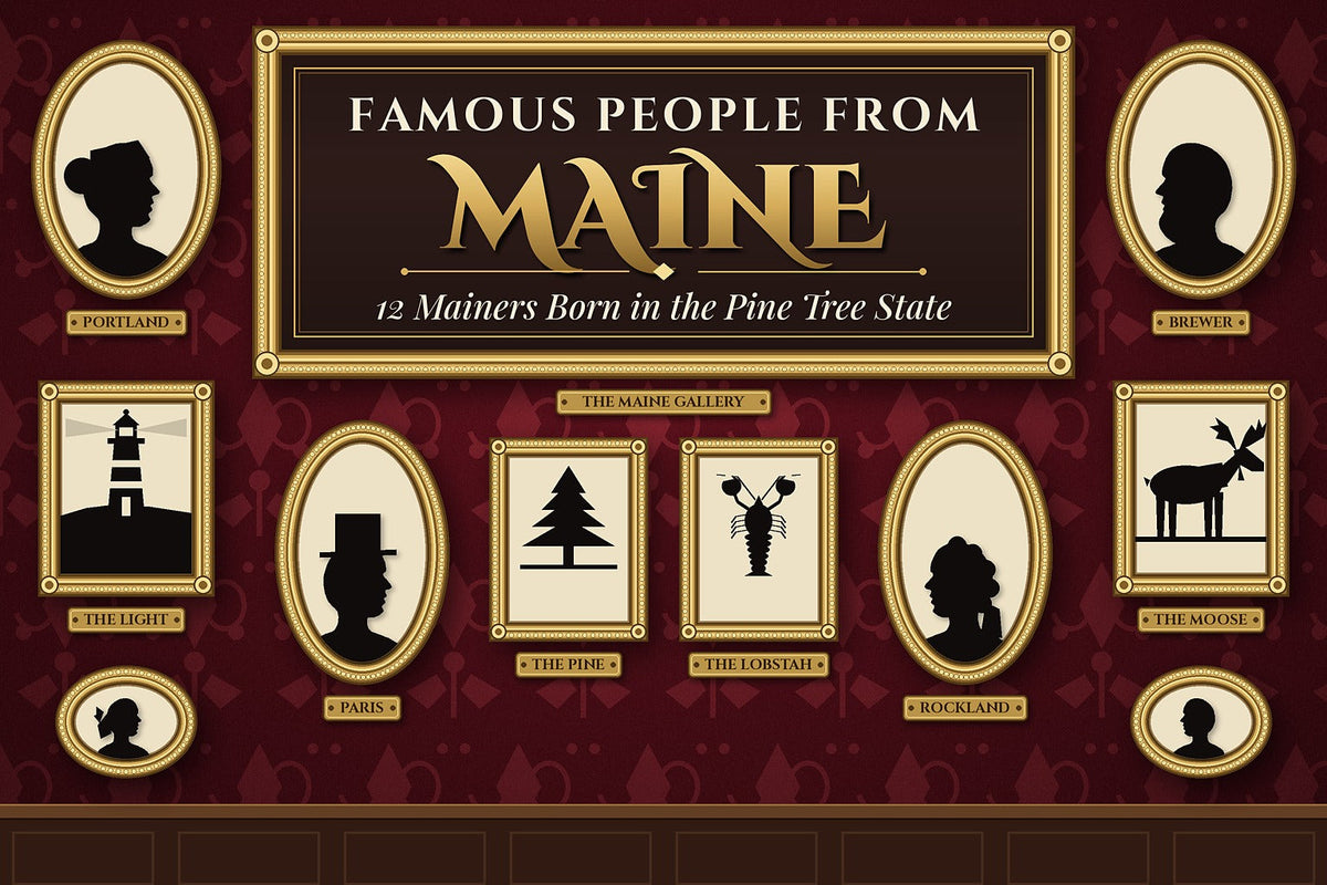 Victorian museum gallery wall of gilded frames with black silhouette portraits, a lighthouse, pine tree, lobster and moose on burgundy damask, with a gold placard reading Famous People From Maine, 12 Mainers Born in the Pine Tree State