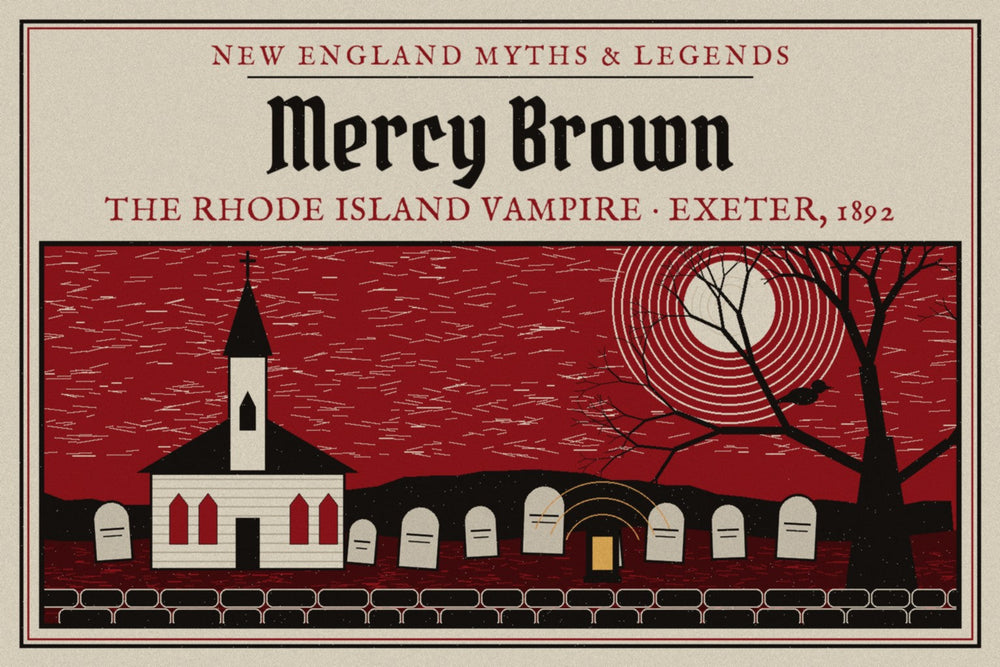 Linocut-style print of a white country church, moonlit graveyard, bare tree and crow on a crimson sky, titled New England Myths and Legends: Mercy Brown, the Rhode Island Vampire, Exeter 1892