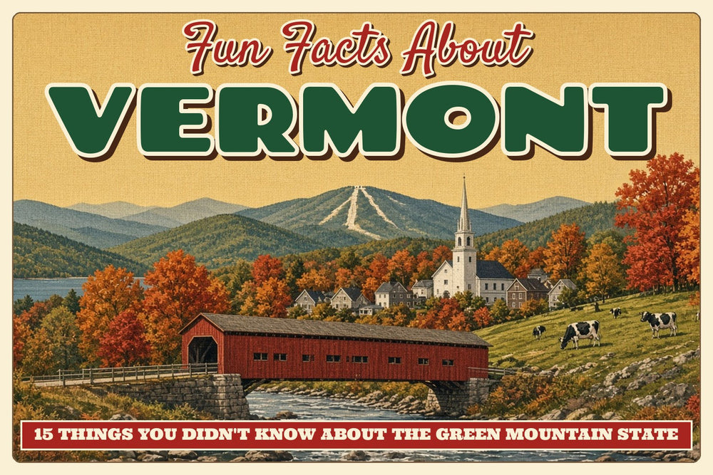 Vintage linen postcard illustration of a red covered bridge, white church steeple, autumn maples and Holstein cows below the Green Mountains, titled Fun Facts About Vermont: 15 Things You Didn't Know About the Green Mountain State