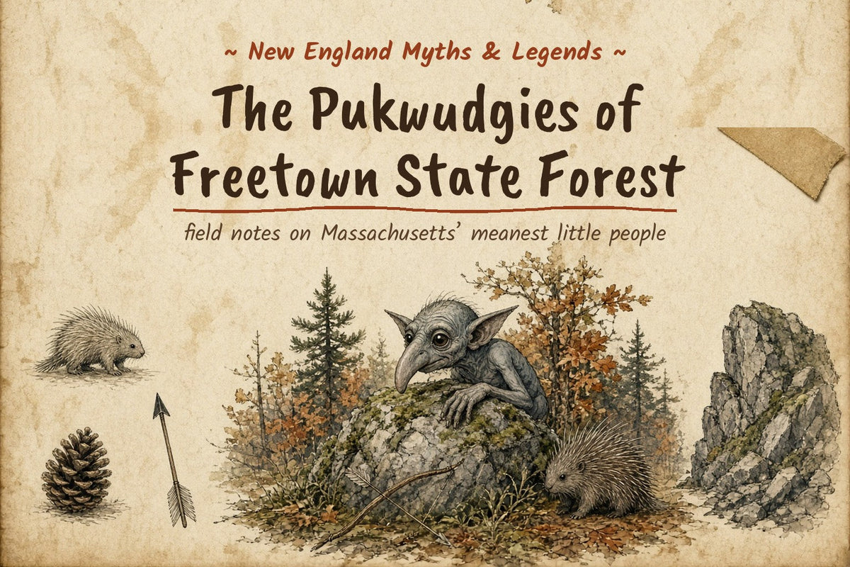 Ink and watercolor field-journal sketch of a small gray Pukwudgie peeking over a mossy boulder in an autumn New England forest, titled The Pukwudgies of Freetown State Forest