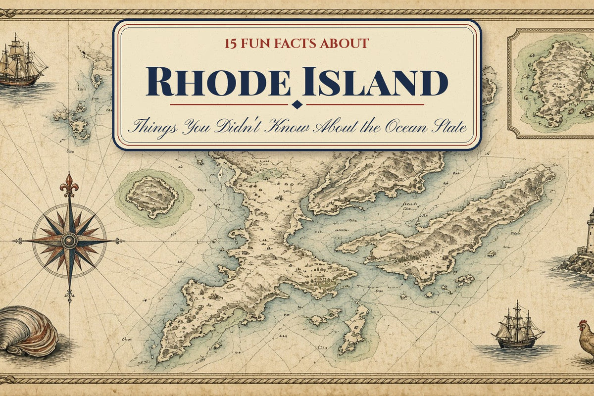 Antique engraved nautical chart of Narragansett Bay with a compass rose, sailing ships, a quahog and a Rhode Island Red, titled 15 Fun Facts About Rhode Island