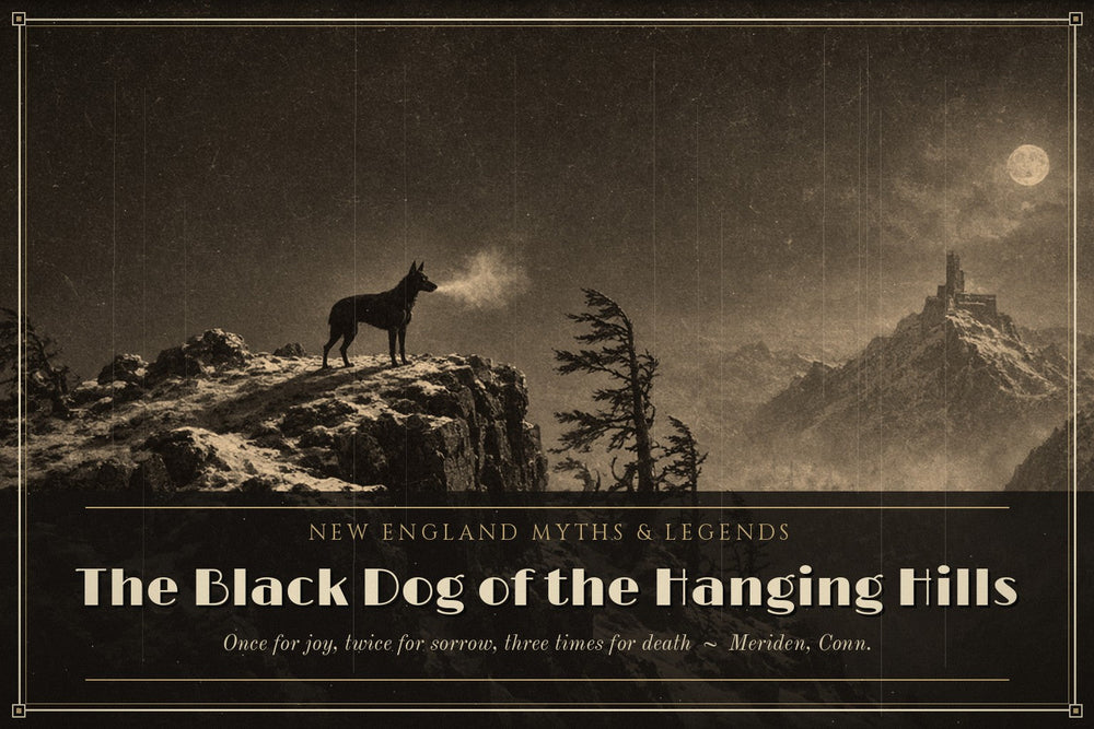 Sepia silent-film style scene of a small black dog on a snowy cliff in Connecticut's Hanging Hills at night, titled The Black Dog of the Hanging Hills
