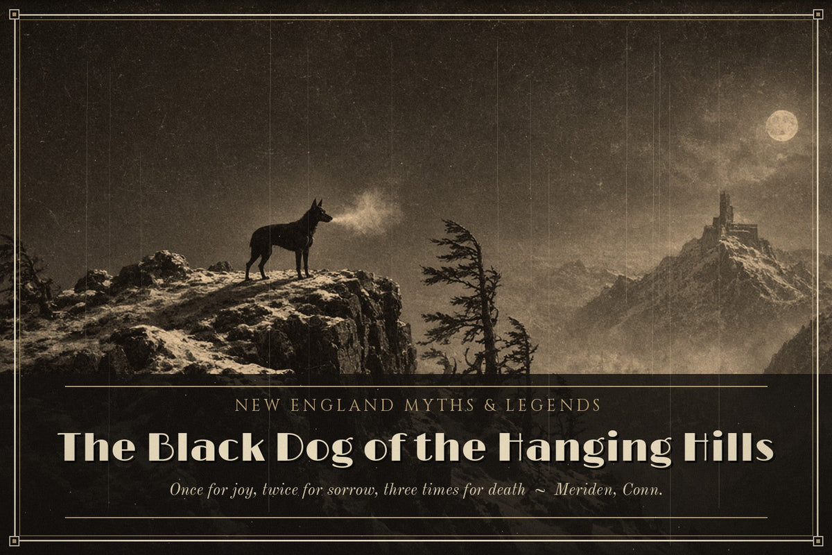 Sepia silent-film style scene of a small black dog on a snowy cliff in Connecticut's Hanging Hills at night, titled The Black Dog of the Hanging Hills