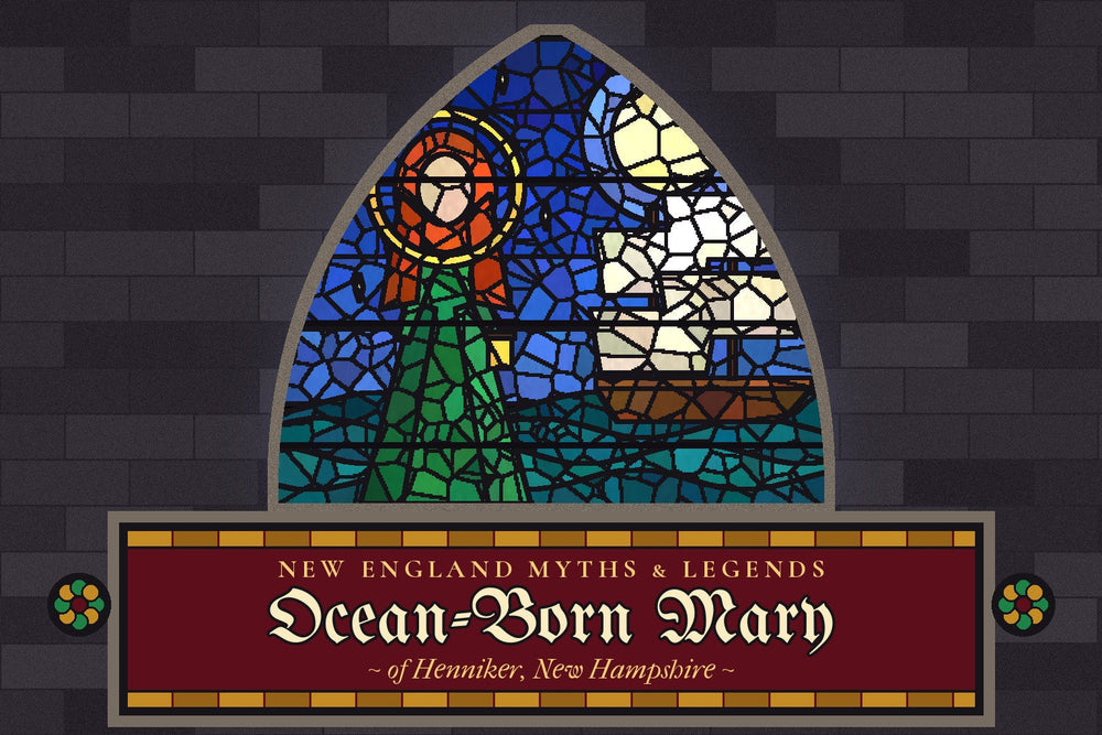 Stained-glass window of a red-haired woman in a green silk gown beside a sailing ship under a full moon, titled Ocean-Born Mary of Henniker, New Hampshire