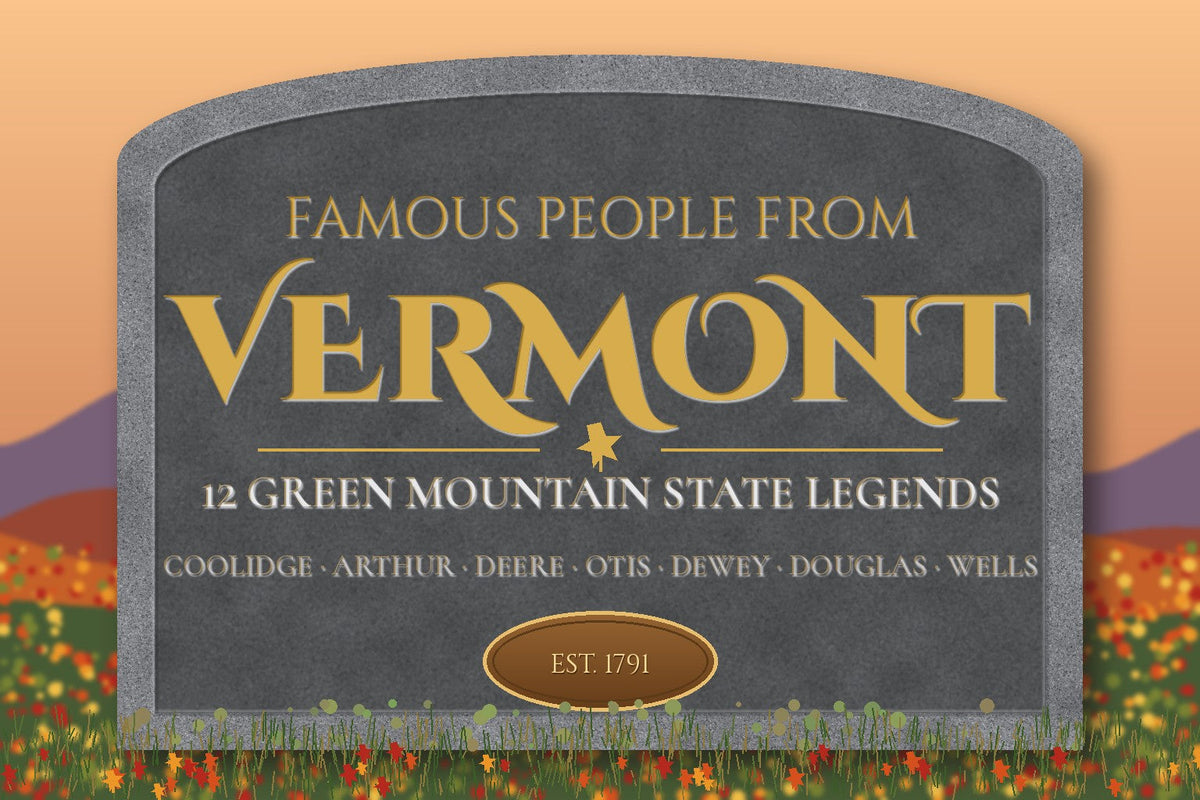Carved Barre granite monument with gold engraved lettering reading Famous People From Vermont in front of autumn Vermont hills