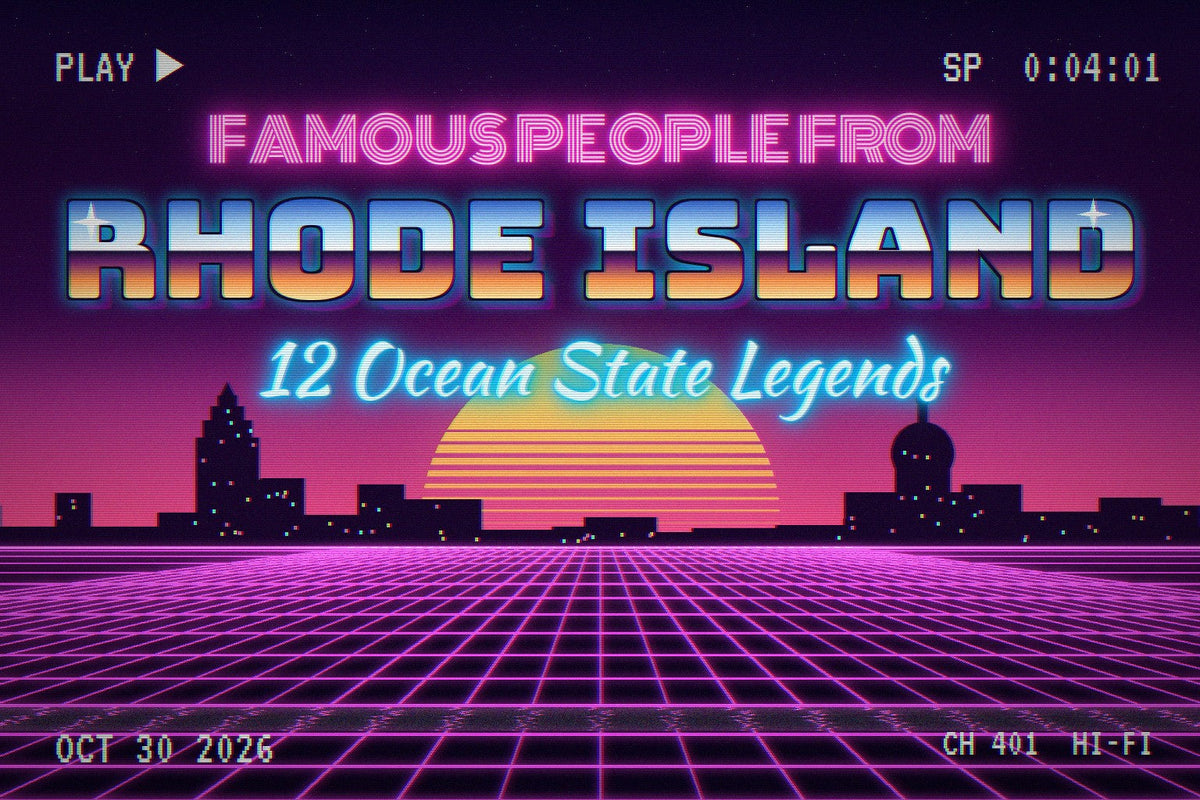Retro 1980s VHS-style neon sunset over the Providence skyline with chrome lettering reading Famous People From Rhode Island, 12 Ocean State Legends