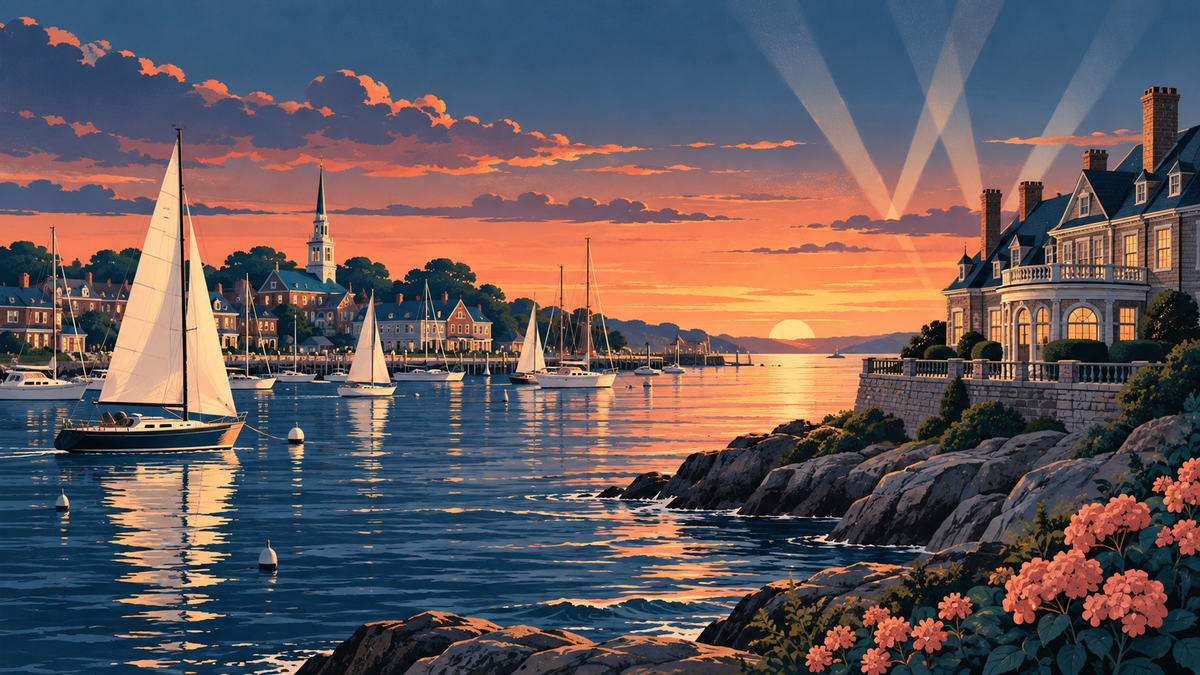 Illustrated Rhode Island coast with performing arts motifs