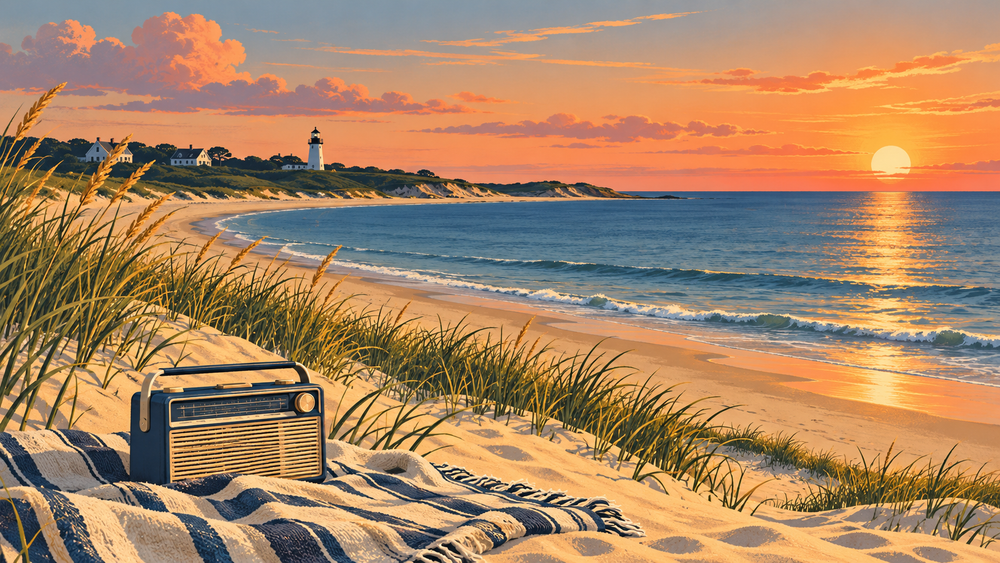 Illustrated Cape Cod coast with music motifs