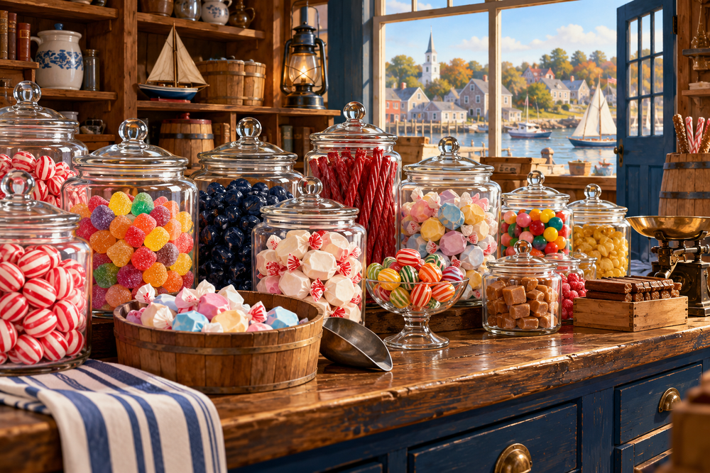 Assorted old-fashioned candy jars in a New England general store