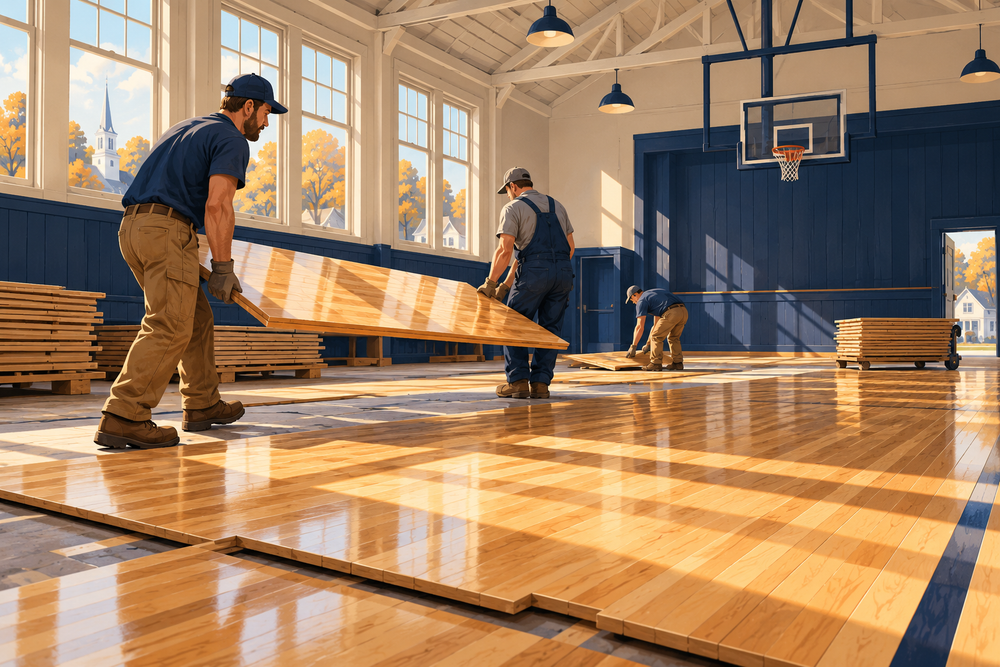 Wooden basketball floor panels being moved into a gym