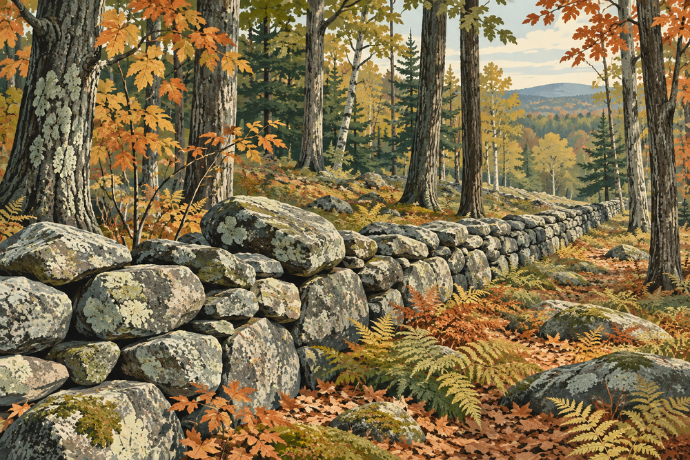 Original illustration of a lichen-covered stone wall running through a New England forest in autumn
