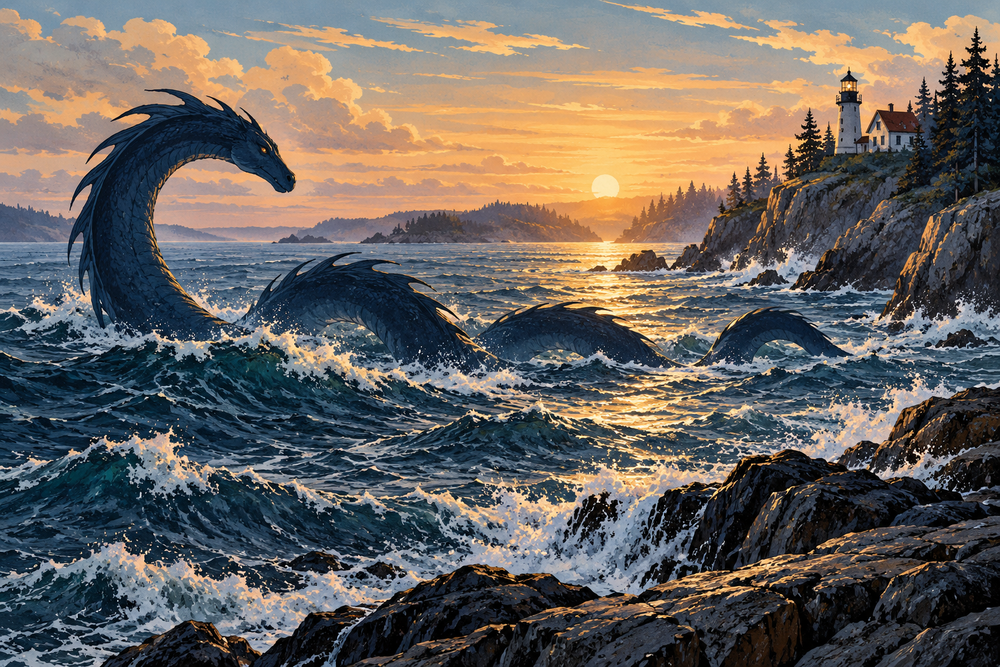 Folklore illustration of a sea serpent off the Maine coast