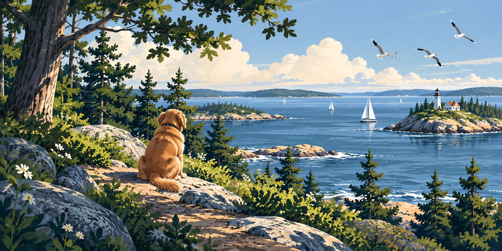 Original illustration of a dog and birds on a New England coast
