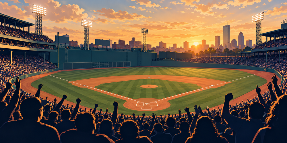 Original illustration of a baseball field at sunset