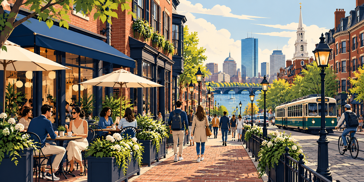 Original illustration of a Boston-inspired city street