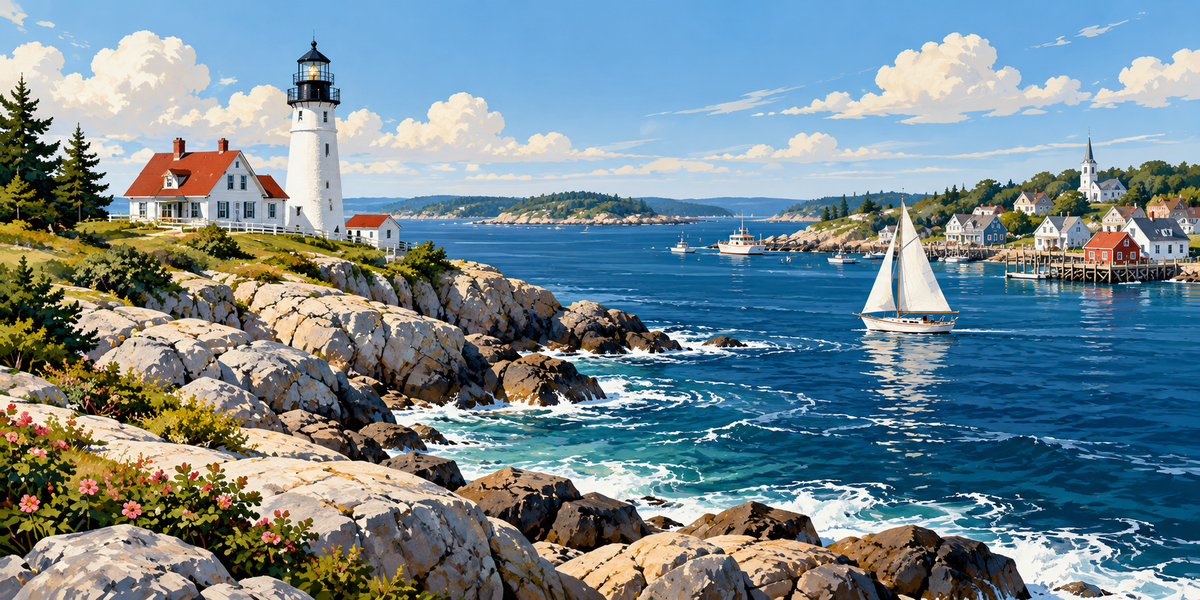 Original illustration of a New England coast and lighthouse