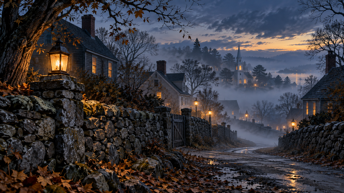 Original illustration of a misty New England village for folklore stories
