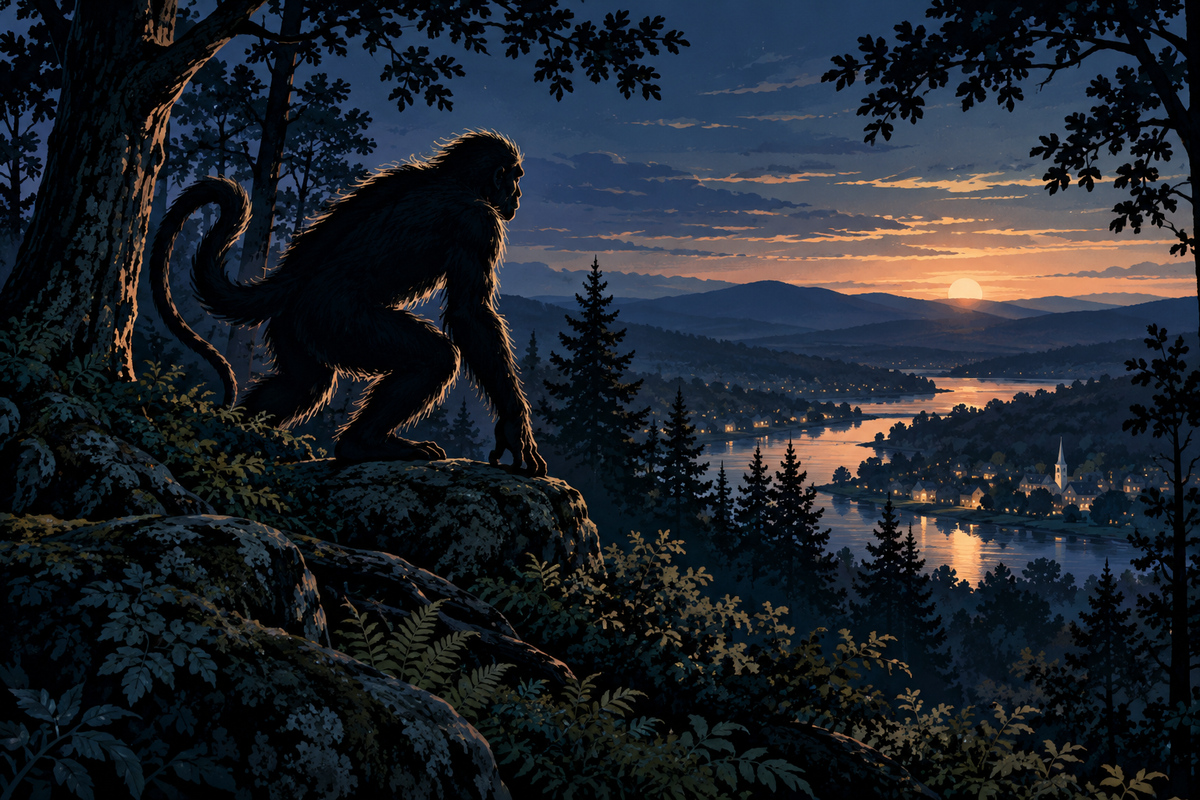 Folklore illustration of a mysterious creature in New Hampshire woods
