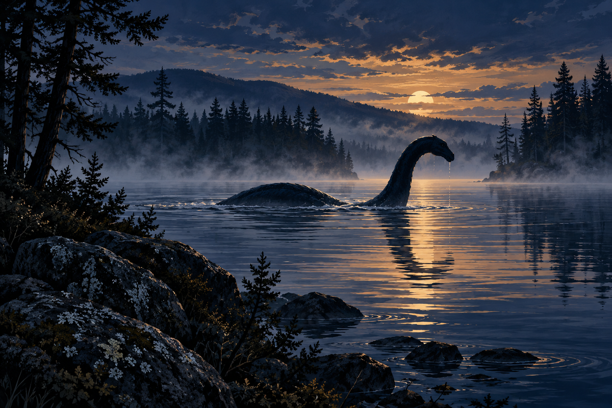 Folklore illustration of a creature in a misty Maine lake