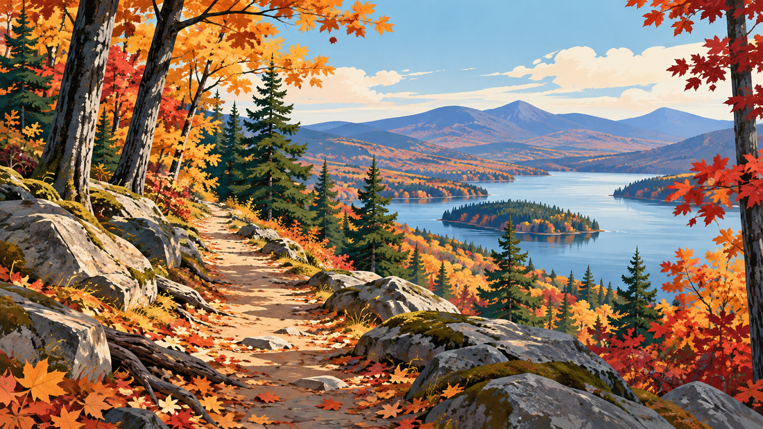 Original illustration of a New England wooded trail and lake