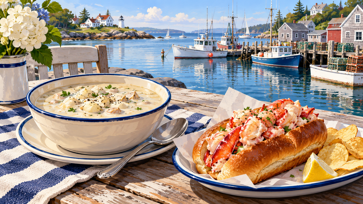 Original illustration of New England seafood by a harbor