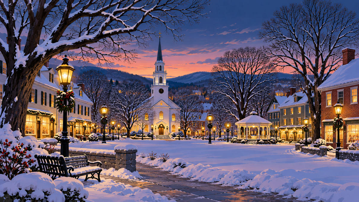 Original illustration of a snowy New England town