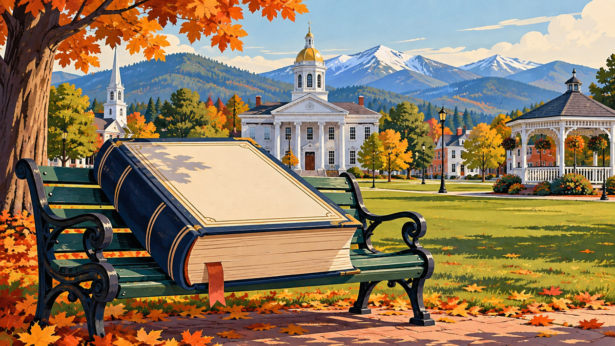 Illustration of New Hampshire town and playful legal motifs