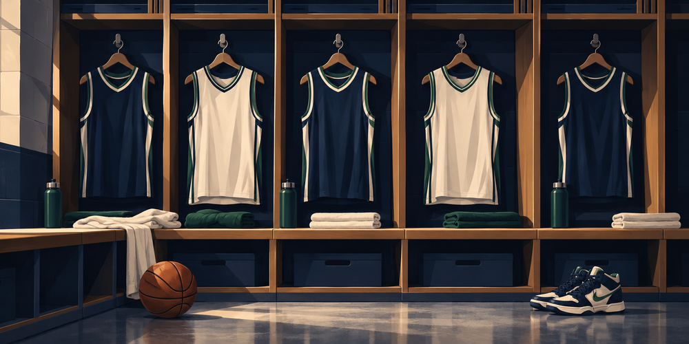 Generic basketball jerseys hanging in an arena locker room