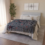 Maine tourist-attraction fleece blanket displayed across a bed with state signs and wildlife visible