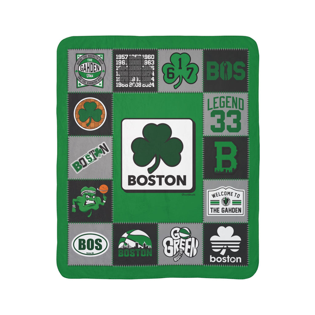 Boston basketball fleece sherpa blanket laid flat with green, black and gray shamrock and Gahden graphics