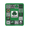Boston basketball fleece sherpa blanket laid flat with green, black and gray shamrock and Gahden graphics