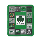 Boston basketball fleece sherpa blanket laid flat with green, black and gray shamrock and Gahden graphics