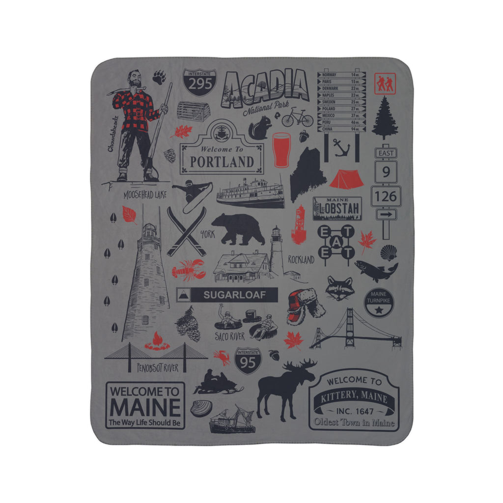 Maine fleece sherpa blanket laid flat with black landmarks, lobster and wildlife illustrations and red accents on gray