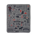 Maine fleece sherpa blanket laid flat with black landmarks, lobster and wildlife illustrations and red accents on gray