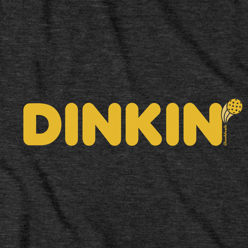 Close-up of Dinkin' Pickleball t-shirt in charcoal — graphic detail
